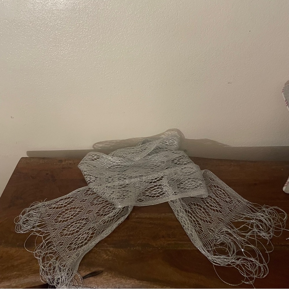 Silver Metallic Mesh Scarf Sheer Fringe Evening Wrap - Picture 6 of 6